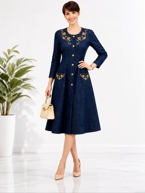 Roni Blanshay | Vintage Denim '70s A-line Embroidered Dress